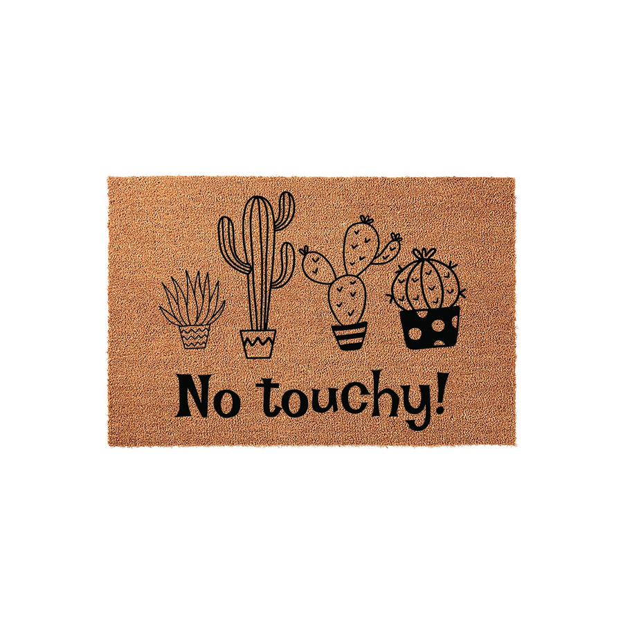No Touchy Cactus Doormat featuring a natural coir fiber texture with a black printed design of four potted succulents and the humorous phrase No touchy, making a fun and welcoming outdoor entrance rug for any plant lover's front
