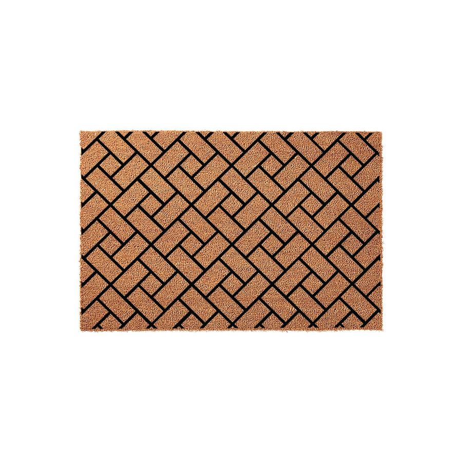 Geometric Pattern Coir Doormat featuring a classic basketweave design in natural tan fibers with bold black lines, providing a durable and stylish entryway floor covering for your home porch or front door area on a plain white