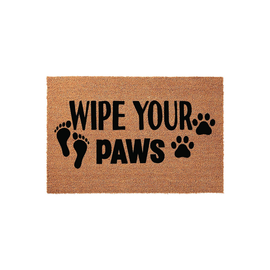 Wipe Your Paws coir doormat featuring black text and a mix of human footprints and animal paw prints, designed as a fun and functional entryway rug for pet owners who want to keep their home floors clean from dirt and mud.