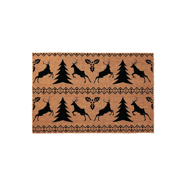 Christmas Reindeer Coir Doormat featuring a festive pattern of black leaping deer, evergreen pine trees, and holly leaves on a natural brown fiber background, perfect for adding holiday cheer to your front porch entryway decor.