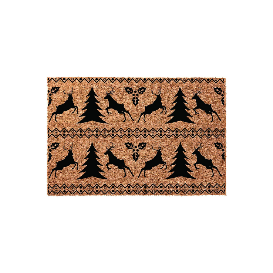 Christmas Reindeer Coir Doormat featuring a festive pattern of black leaping deer, evergreen pine trees, and holly leaves on a natural brown fiber background, perfect for adding holiday cheer to your front porch entryway decor.