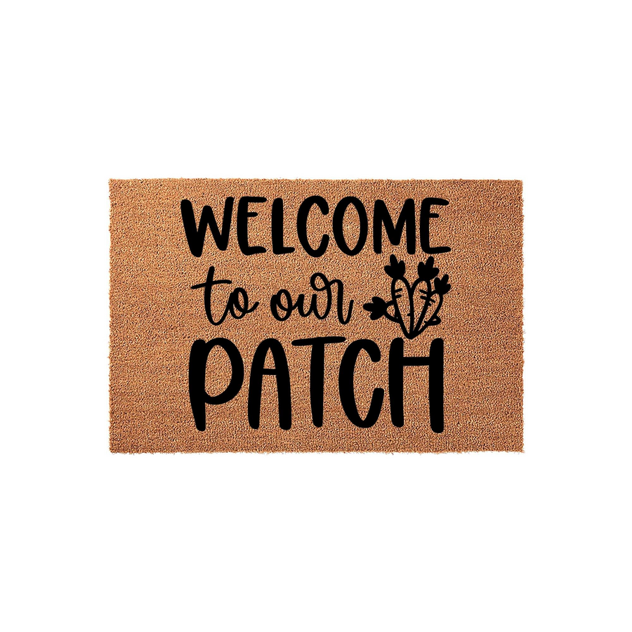 Welcome to our patch coir doormat featuring a natural tan fiber texture and bold black lettering with a cute carrot illustration, making it a festive seasonal outdoor entrance rug for your front porch or home entryway.