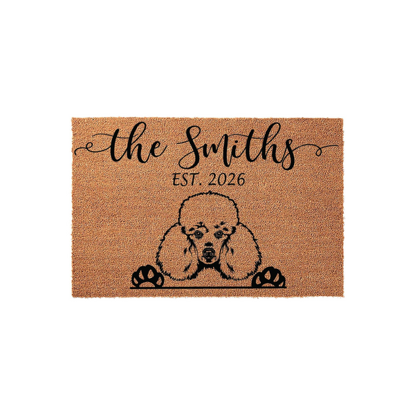 Personalized Poodle doormat featuring a cute illustrated dog peeking over the bottom edge, printed on natural coir fiber with a custom family name and established year in elegant black script against a plain white studio