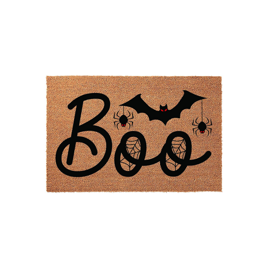 Boo Halloween coir doormat featuring a large black script text design with a spooky bat, two hanging spiders, and intricate spider web patterns inside the letters, set against a natural brown textured fiber background for a