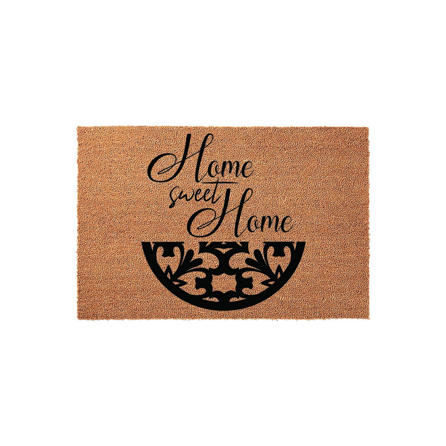 Home Sweet Home coir doormat featuring a natural brown fiber texture and elegant black script lettering, accented by a decorative semi-circular floral pattern at the bottom to create a welcoming entrance for any front porch or