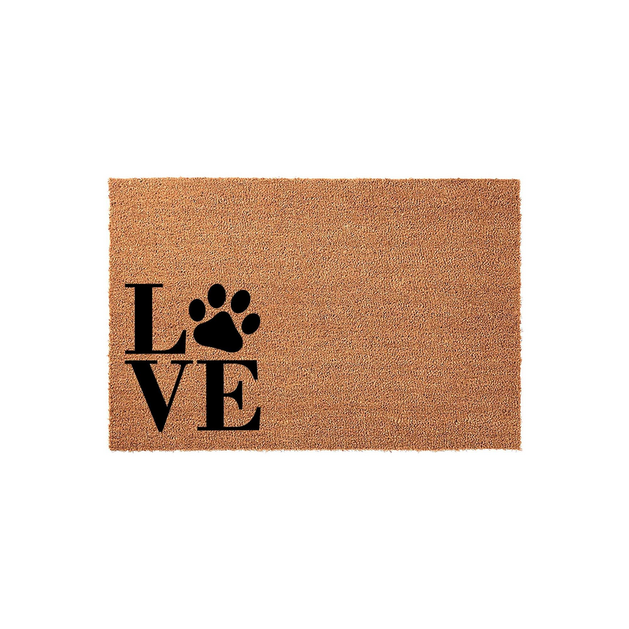 Love Paw Print Coir Doormat featuring a natural tan fiber texture with the word Love printed in bold black letters, where the letter O is replaced by a cute dog paw print design, perfect for a pet lover's front porch entryway