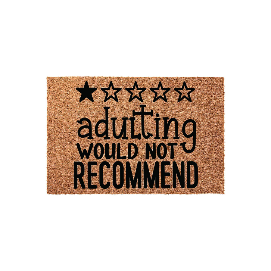 Funny Adulting Would Not Recommend doormat featuring a five-star rating graphic with one filled star, printed in bold black text on a natural tan coir fiber mat against a clean white background for a humorous home entrance decor.