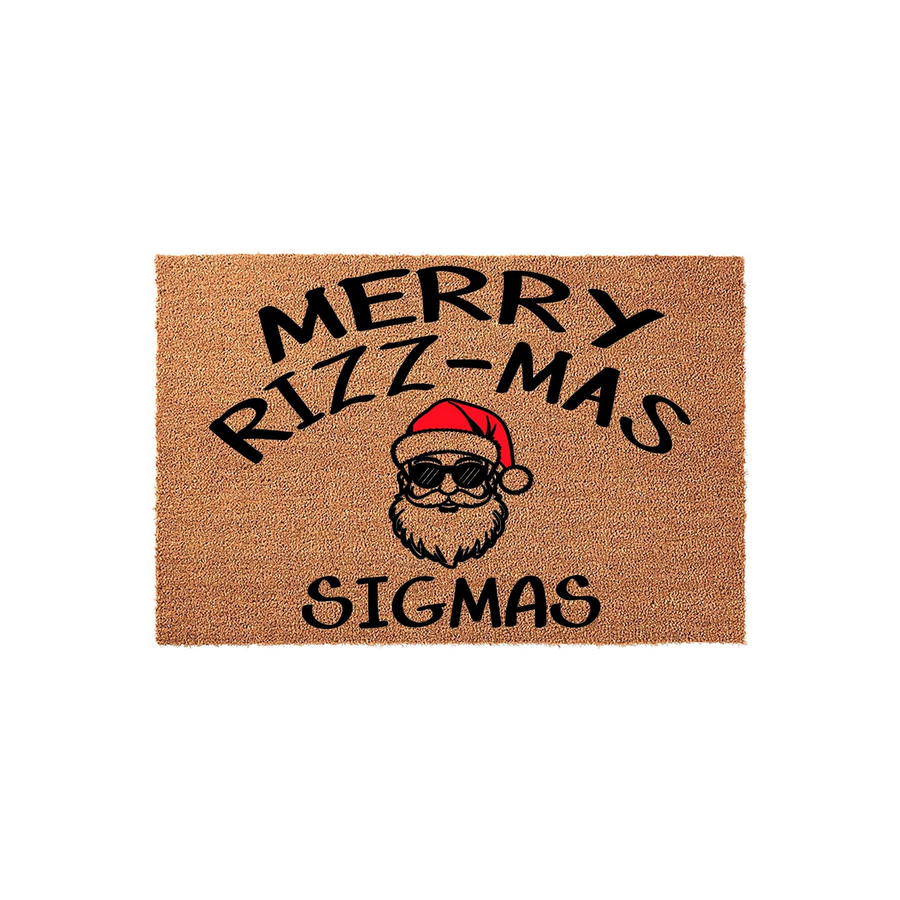 Merry Rizz-mas Sigmas doormat featuring a cool Santa Claus wearing sunglasses and a red hat, printed on a natural brown coir fiber mat that adds a fun and trendy holiday vibe to your front porch decor for the Christmas season.