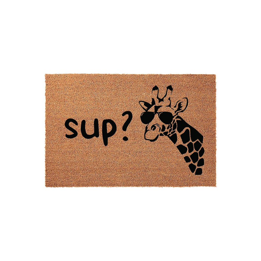 Giraffe Sup? Coir Doormat featuring a natural brown fiber texture with a black graphic of a cool giraffe wearing sunglasses, adding a fun and humorous touch to your front porch entryway decor for guests to enjoy.