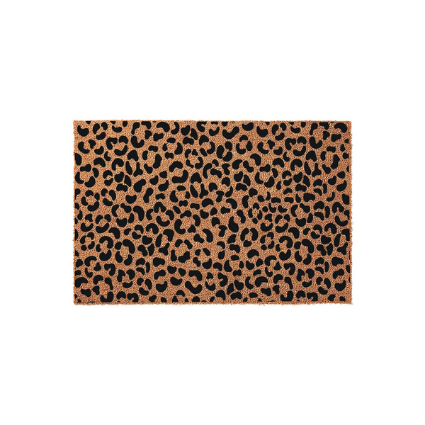 Leopard Print Coir Doormat featuring a bold, repeating black animal spot pattern on a natural tan fiber background, providing a stylish and durable welcome mat for your front porch entrance that adds a touch of modern farmhouse