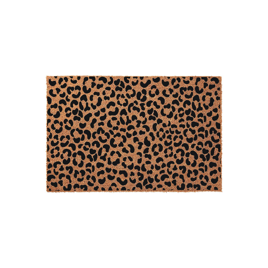 Leopard Print Coir Doormat featuring a bold, repeating black animal spot pattern on a natural tan fiber background, providing a stylish and durable welcome mat for your front porch entrance that adds a touch of modern farmhouse