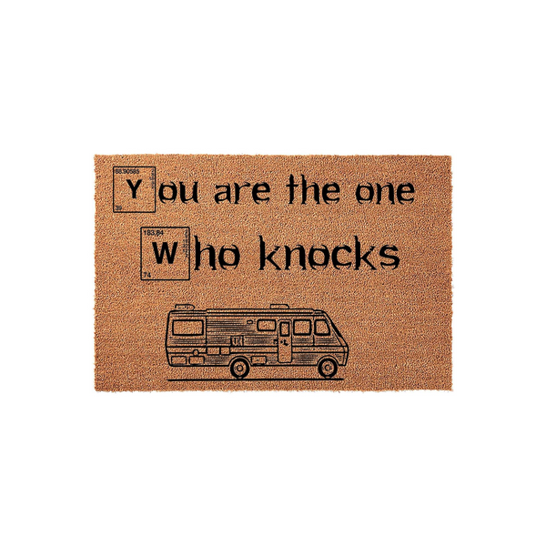 Breaking Bad inspired RV doormat featuring the quote You are the one who knocks in a chemistry-themed font, set against a natural coir fiber background with a detailed black line art illustration of a classic recreational vehicle