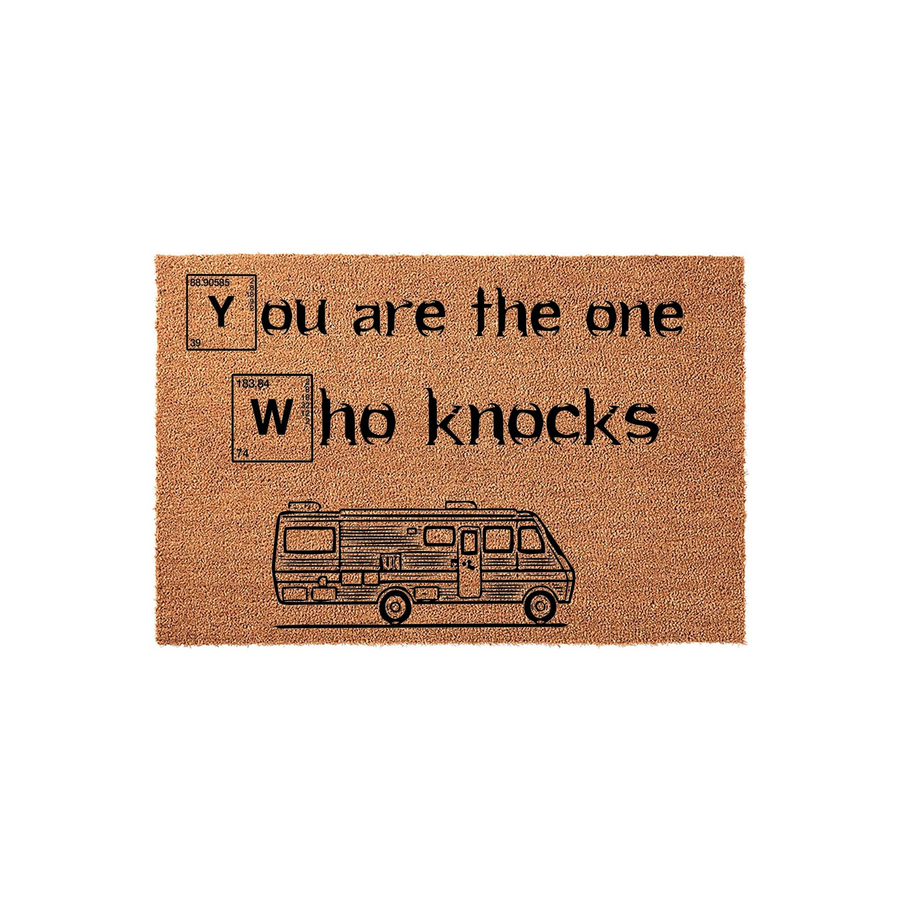 Breaking Bad inspired RV doormat featuring the quote You are the one who knocks in a chemistry-themed font, set against a natural coir fiber background with a detailed black line art illustration of a classic recreational vehicle