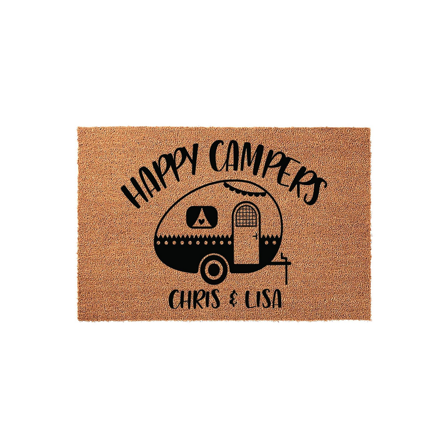 Personalized Happy Campers coir doormat featuring a black graphic of a vintage travel trailer and custom text, set against a plain white background to highlight the natural fiber texture and the camping-themed design for outdoor