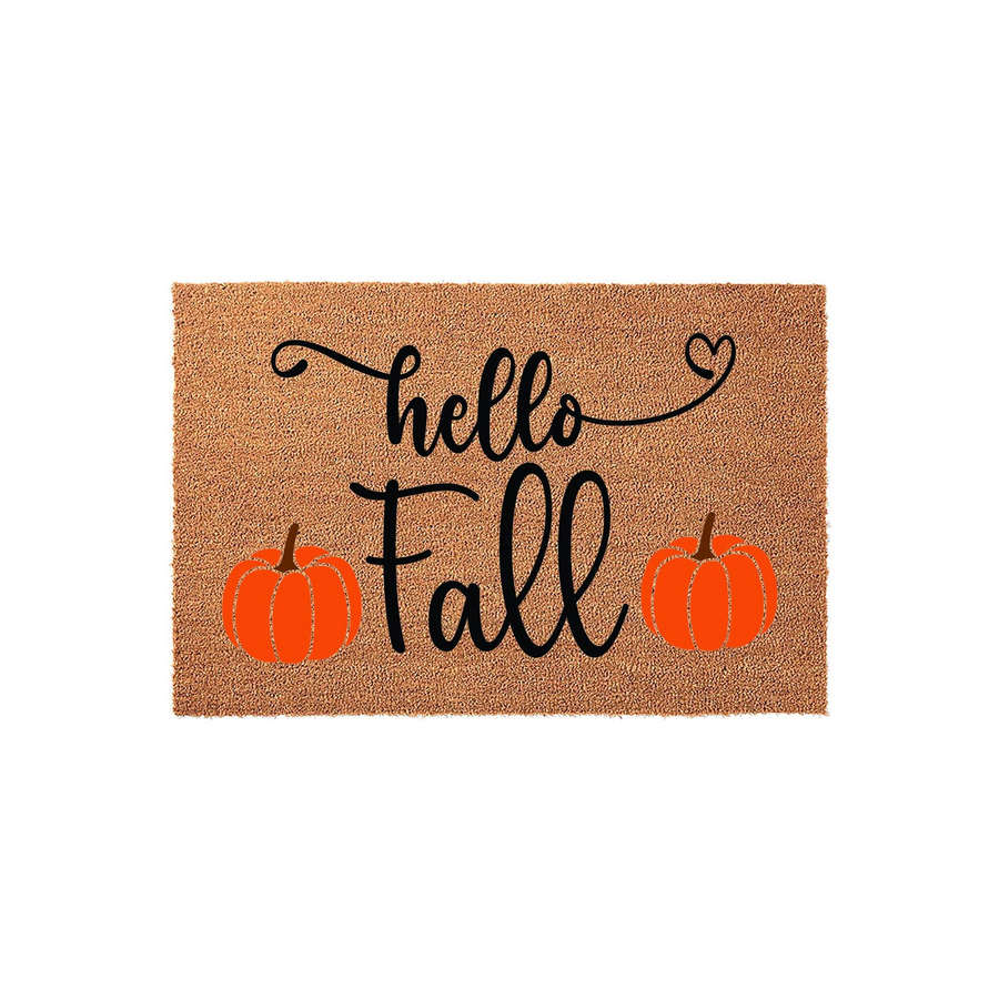 Hello Fall coir doormat featuring a natural brown fiber texture with black cursive lettering and two bright orange pumpkins, creating a festive seasonal welcome for your front porch decor during the autumn months of the year.