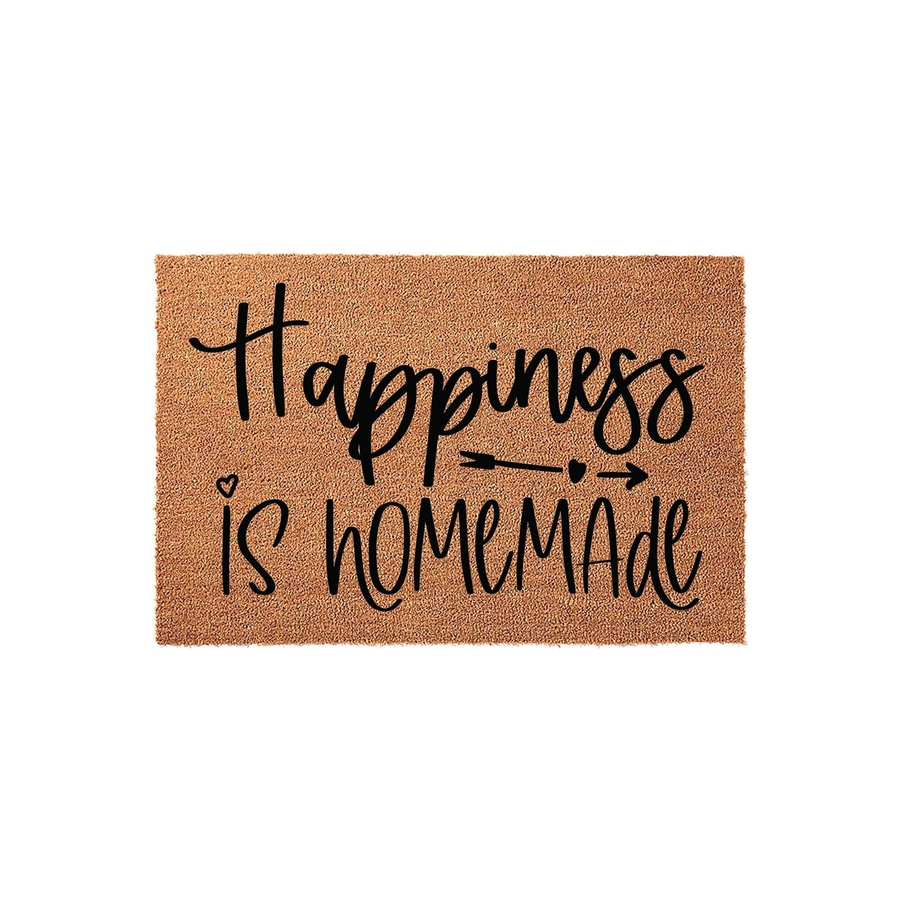 Happiness is Homemade coir doormat featuring a natural tan fiber texture and bold black script lettering, accented with a small heart and arrow design that adds a charming touch to any front porch or entryway decor.