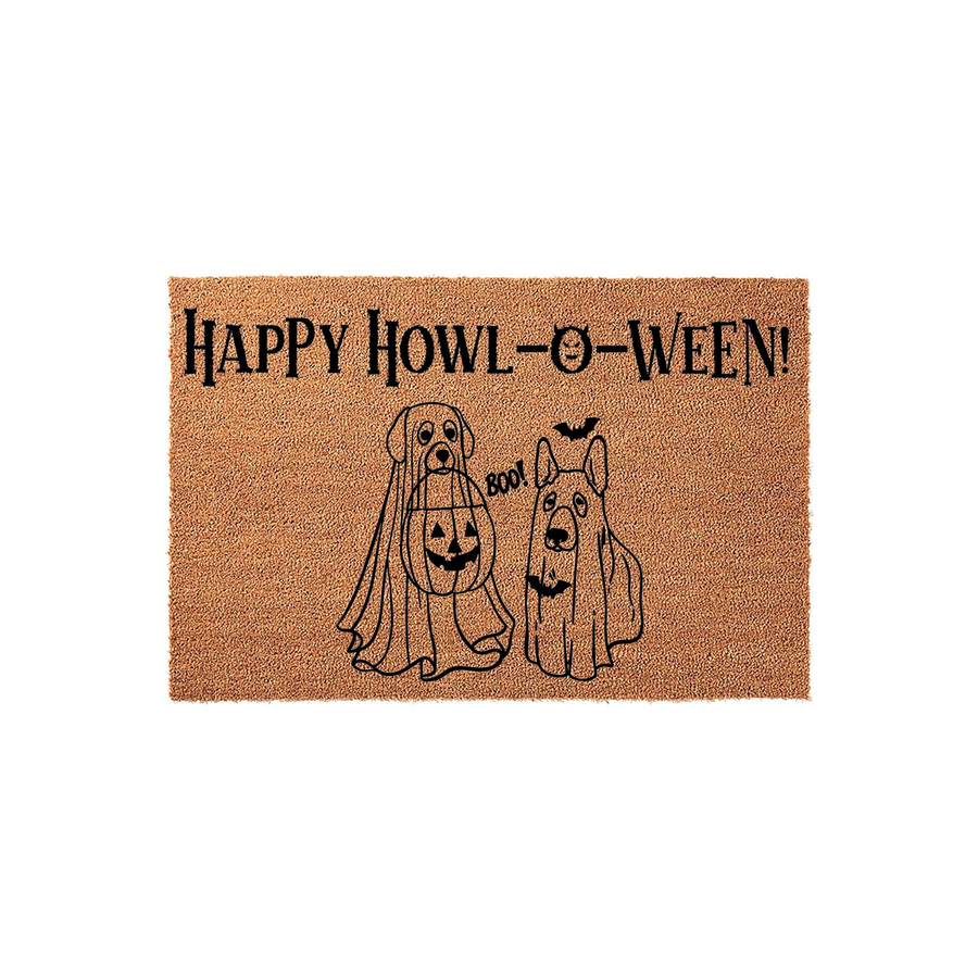 Happy Howl-O-Ween German Shepherd doormat featuring two dogs dressed as ghosts for Halloween, with one holding a jack-o-lantern candy bucket and the other wearing a bat accessory, printed on a natural tan coir fiber welcome mat