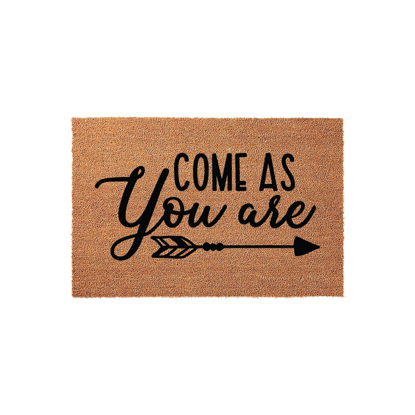 Come As You Are coir doormat featuring a natural brown fiber texture and bold black lettering with a decorative arrow graphic, providing a welcoming and rustic touch to your front porch entryway decor on a clean white background.