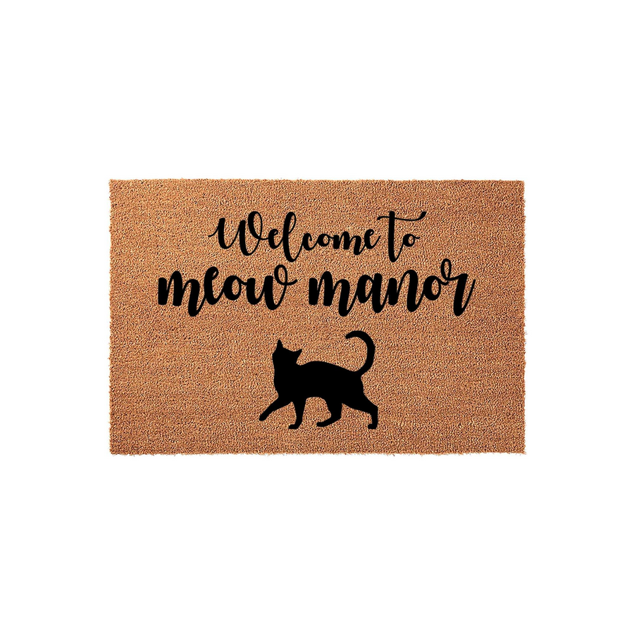 Welcome to Meow Manor cat doormat featuring a natural coir texture and a black silhouette of a walking cat, creating a charming entryway accent for any cat lover who wants to add a playful touch to their front porch decor.