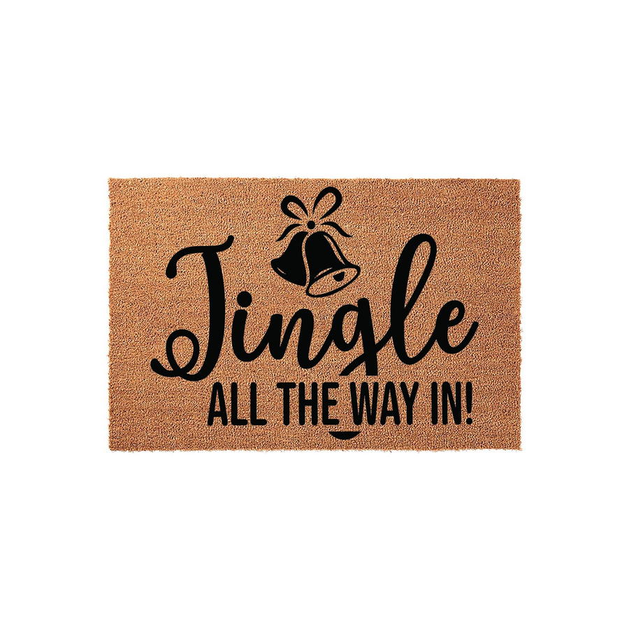 Jingle All The Way In Christmas doormat featuring a natural coir texture with black printed text and a festive bell icon, creating a cheerful holiday entryway decoration for your front porch during the winter season.