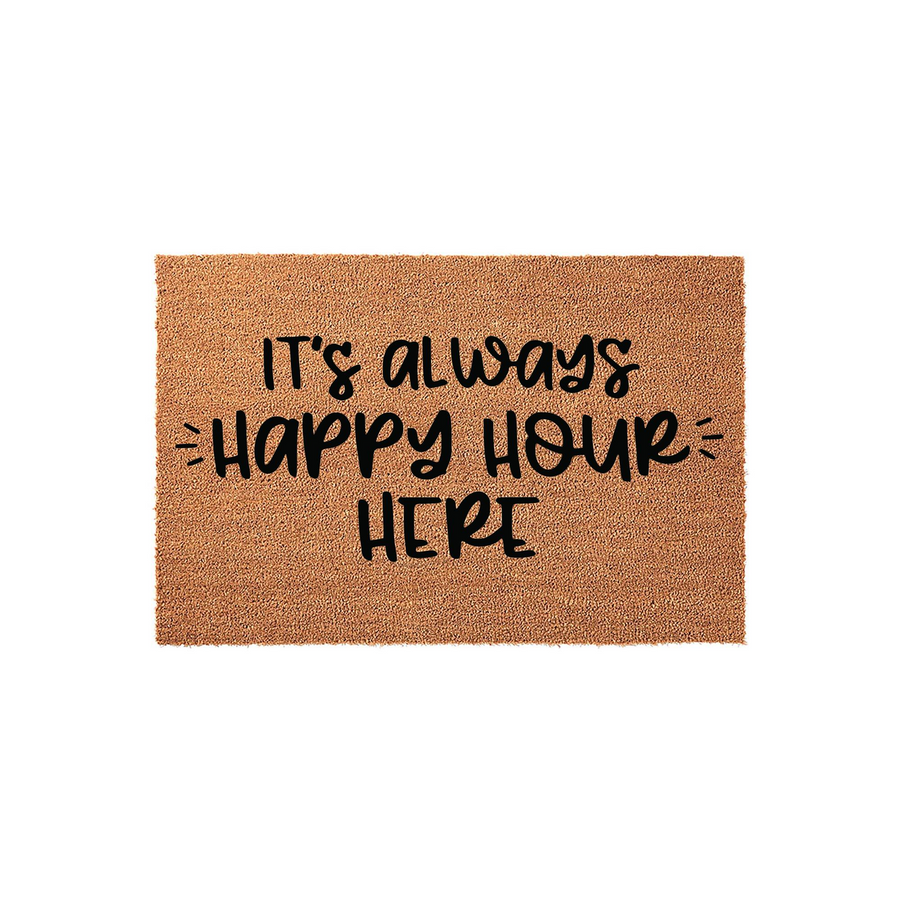 It's Always Happy Hour Here coir doormat featuring a natural tan fiber texture and bold black hand-lettered typography, making a fun and welcoming addition to any front porch or entryway decor for guests to enjoy upon arrival.