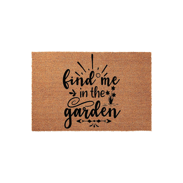 Find Me In The Garden coir doormat featuring a natural tan fiber texture and bold black typography, designed with whimsical plant-themed accents and decorative arrows to welcome guests to your outdoor home entryway or patio space.