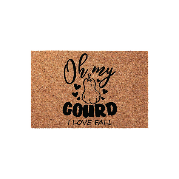 Oh My Gourd I Love Fall coir doormat featuring a rustic brown natural fiber texture with black printed text and a central pumpkin illustration surrounded by small hearts for a festive autumn porch decor entrance.