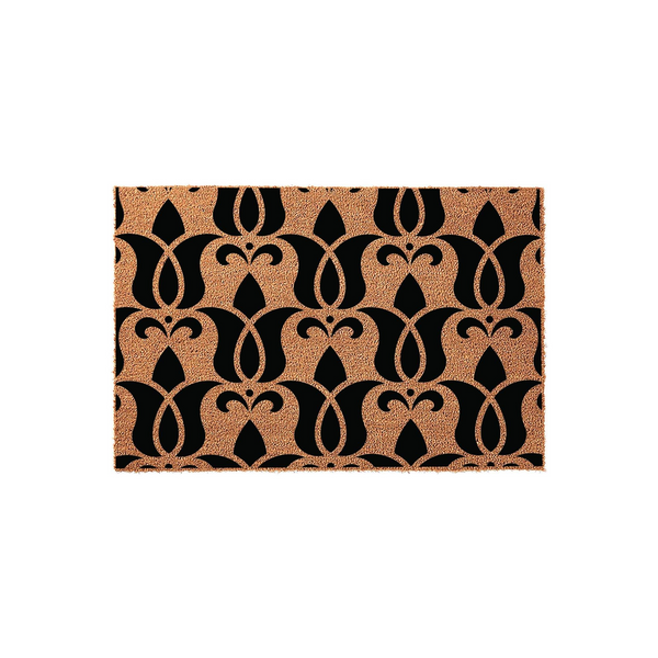 Decorative floral pattern coir doormat featuring a repeating black tulip-inspired motif printed on a natural brown coconut fiber background, creating a stylish and welcoming entrance mat for your front porch or home entryway
