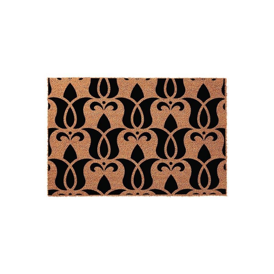 Decorative floral pattern coir doormat featuring a repeating black tulip-inspired motif printed on a natural brown coconut fiber background, creating a stylish and welcoming entrance mat for your front porch or home entryway