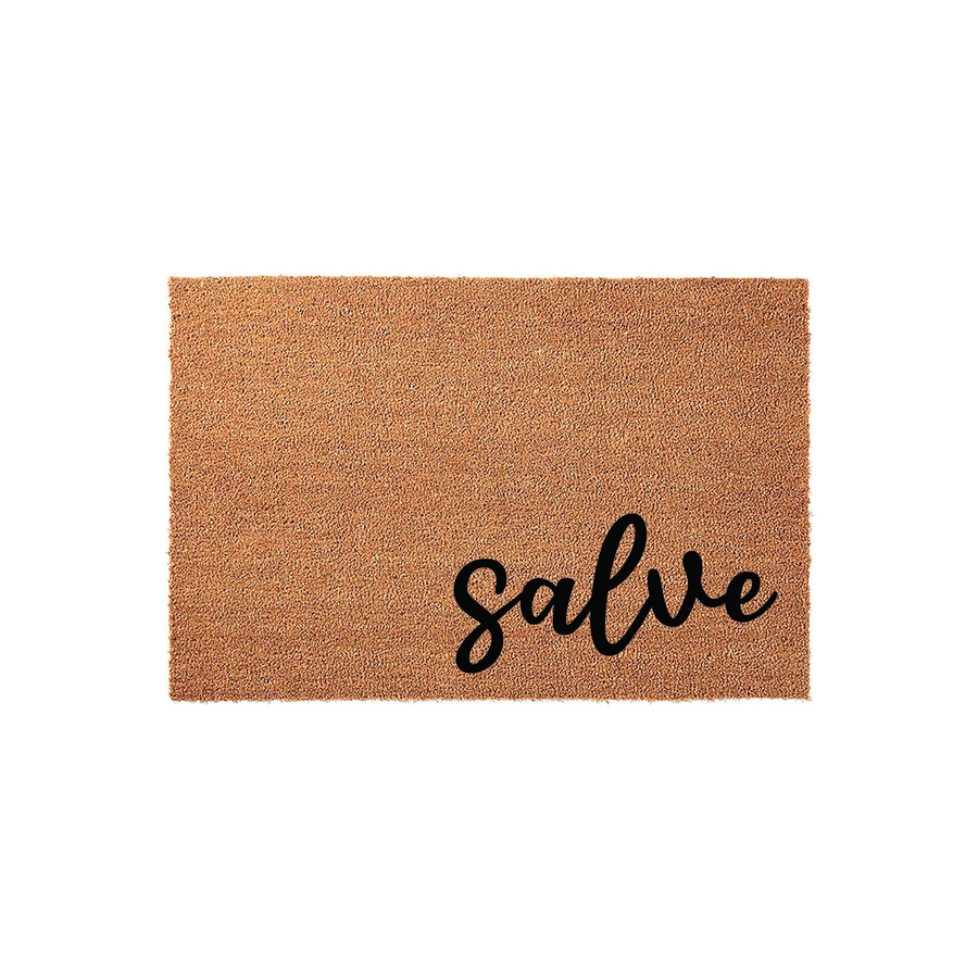 Salve coir doormat featuring a natural tan fiber texture and bold black script lettering, presented on a clean white background to showcase the simple and welcoming design for your front porch or entryway home decor.