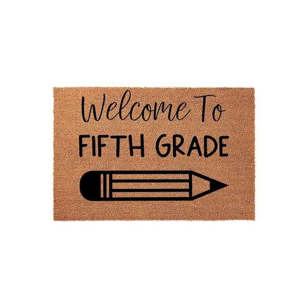 Welcome To Fifth Grade classroom doormat featuring a natural coir texture with bold black text and a pencil graphic, making a fun and inviting entrance decoration for a teacher's classroom door or a school entryway during the