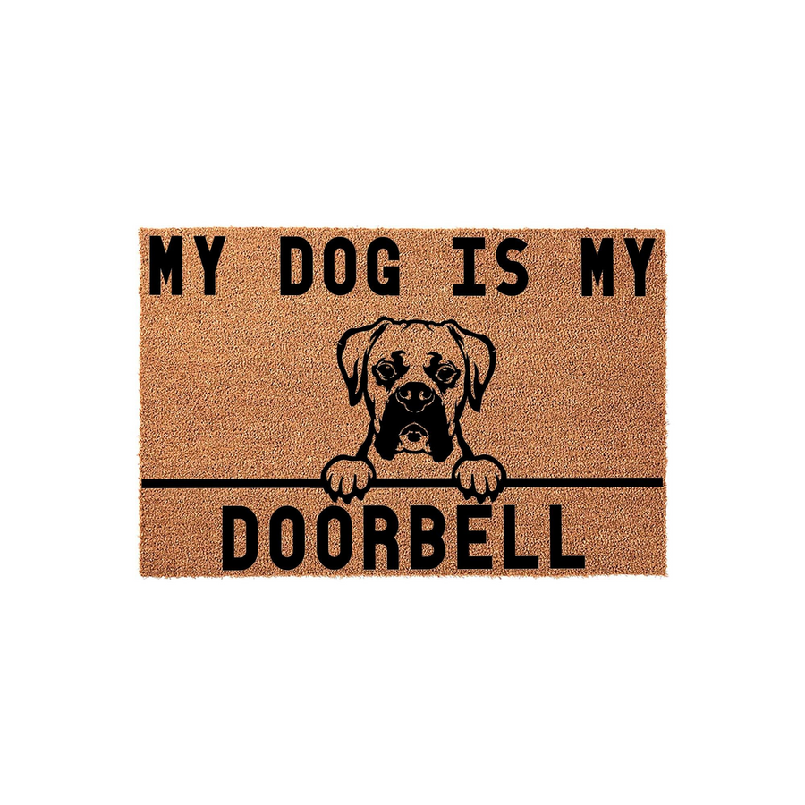 Boxer Dog Doormat featuring a natural coir texture with a black illustration of a Boxer dog peeking over a line, accompanied by the bold text My Dog Is My Doorbell, making it a fun and functional entryway decor piece for any dog