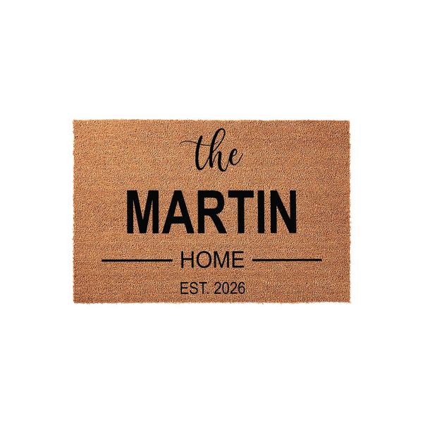 Personalized family name coir doormat featuring a natural tan fiber texture with black text that reads the family name followed by home and an established year, creating a welcoming entrance for any front porch or house entryway.