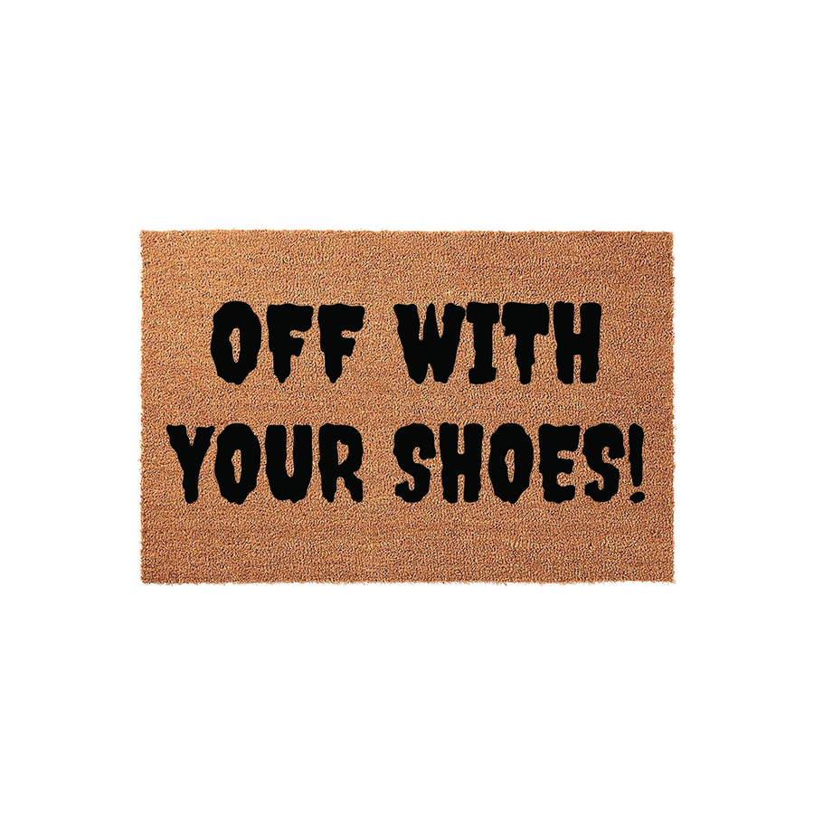 Off With Your Shoes coir doormat featuring bold black lettering on a natural brown fiber background, designed to keep your entryway clean while adding a humorous and welcoming touch to your front porch decor for all your house