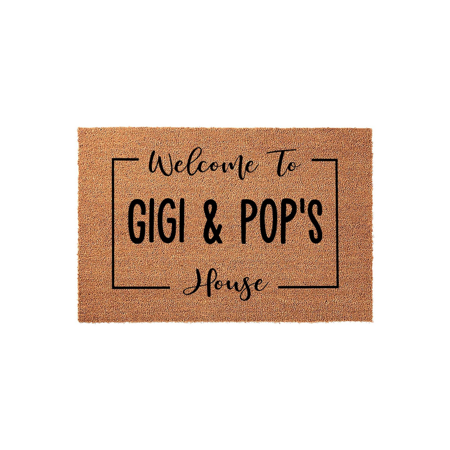 Personalized Gigi and Pop's House coir doormat featuring a natural tan fiber texture with black text inside a simple rectangular border, making a welcoming front porch entrance for grandparents who love hosting their family and