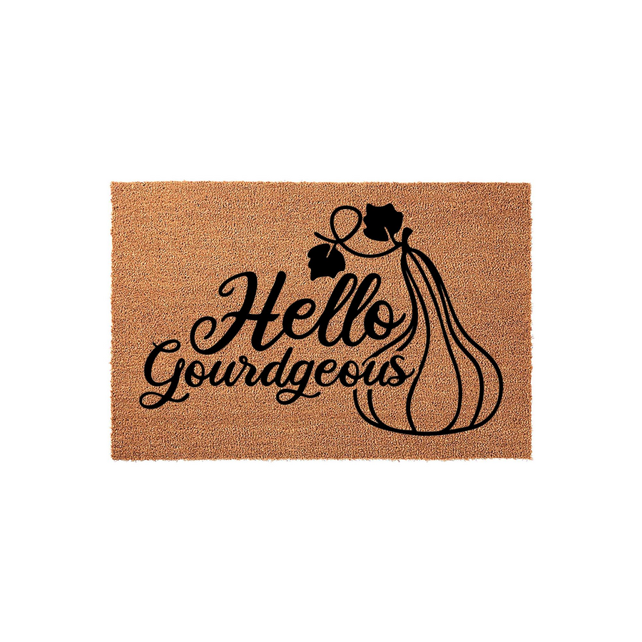 Hello Gourdgeous fall doormat featuring a natural coir texture with black script lettering and a pumpkin illustration, creating a festive autumn entryway decor piece that welcomes guests to your home during the harvest season.