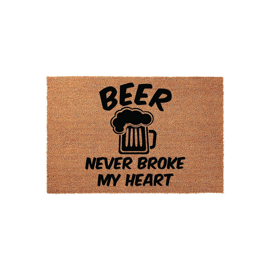 Beer Never Broke My Heart coir doormat featuring a black graphic of a frothy beer mug and bold text on a natural brown fiber background, making it a fun and humorous addition to any front porch or home entryway for beer lovers.