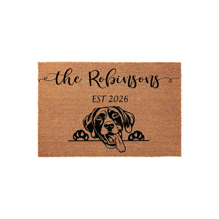 Personalized Labrador Retriever doormat featuring a cute dog peeking over a line, customized with a family name and established year on a natural coir fiber background for a welcoming and durable front porch entrance decor piece.