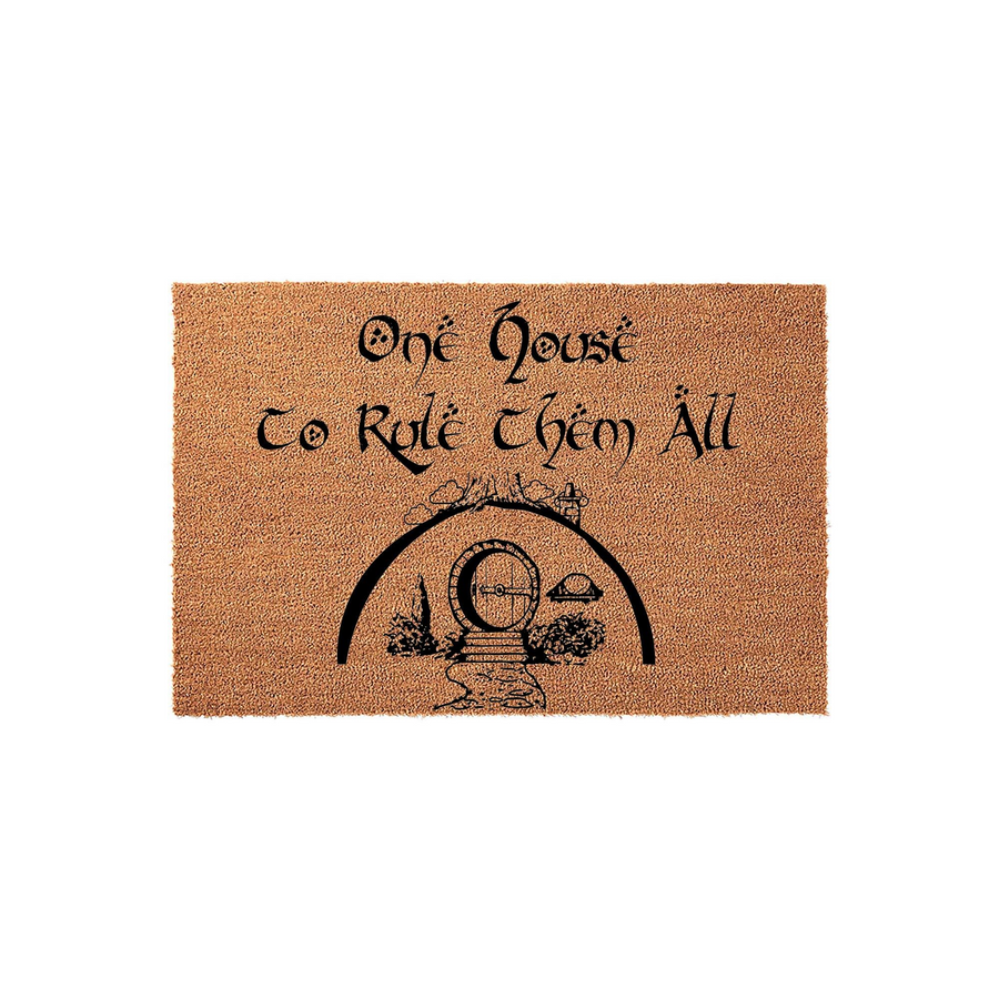 Fantasy themed coir doormat featuring a circular hobbit-style door illustration and the text One House To Rule Them All in a classic fantasy font, set against a plain white background for a clean, durable outdoor entryway