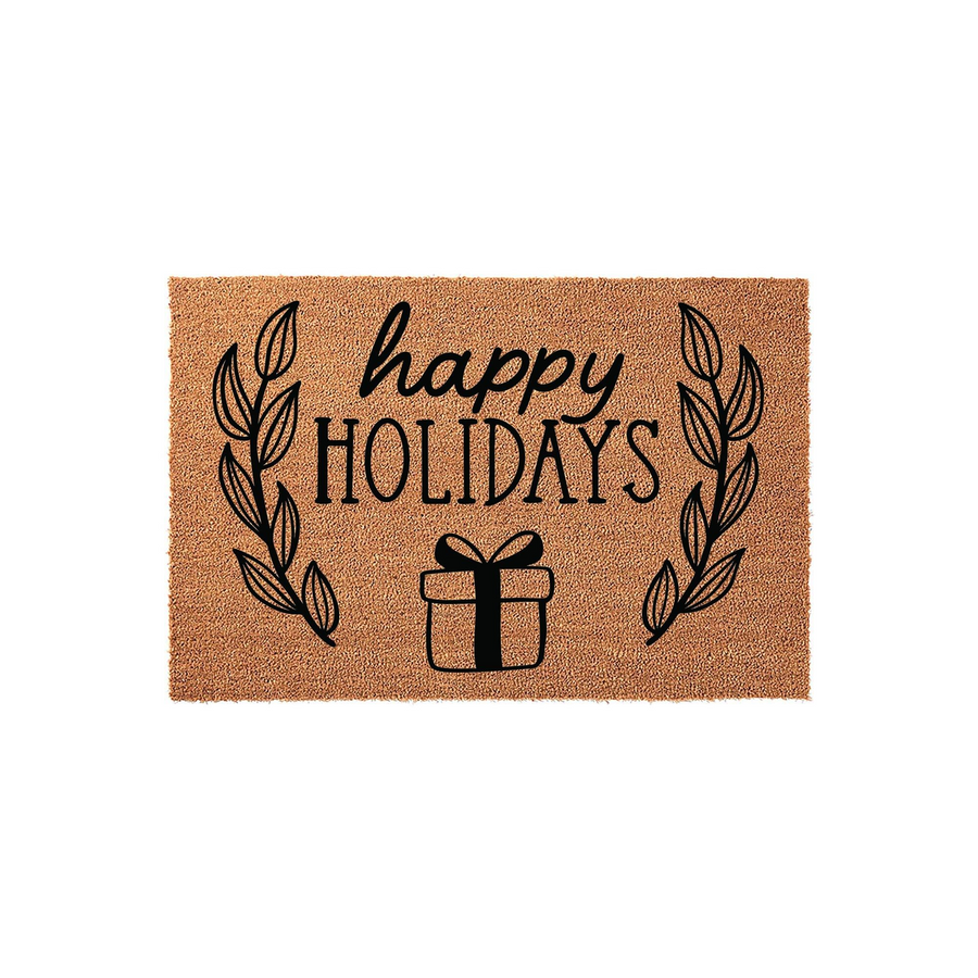 Happy Holidays coir doormat featuring a festive black ink design with elegant leaf branches framing the text and a small gift box icon centered at the bottom, set against a clean white background for a classic seasonal entryway