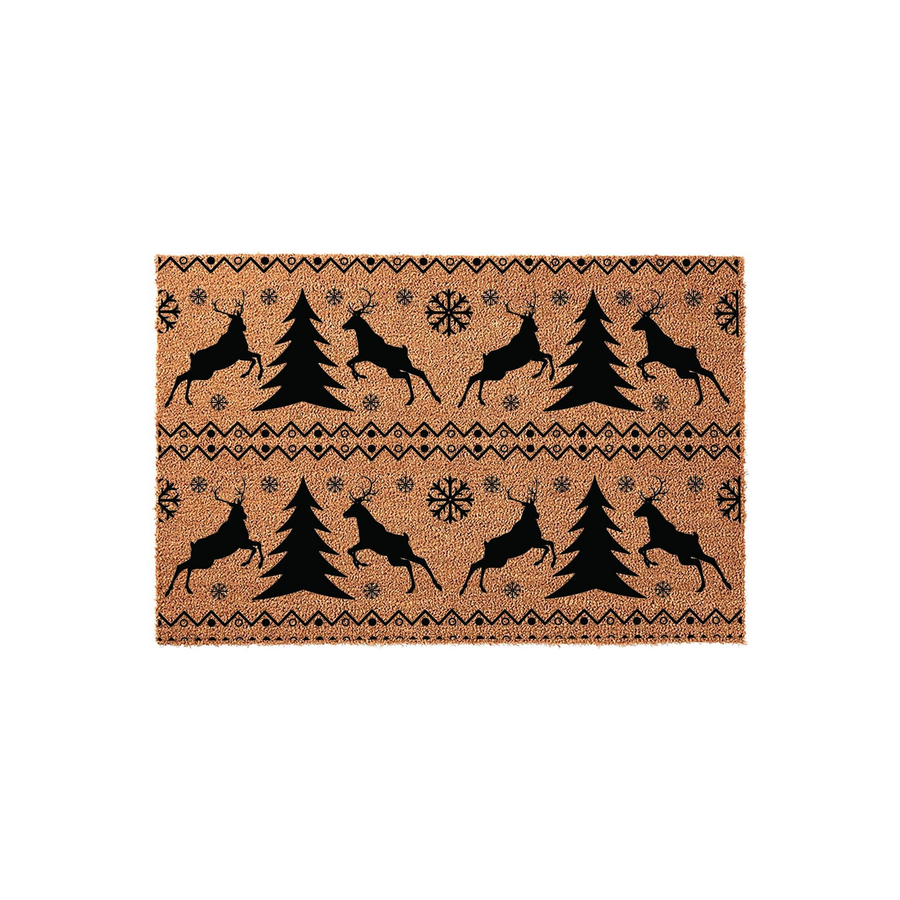 Christmas Reindeer Doormat featuring a natural coir texture with a repeating black pattern of leaping deer, pine trees, and snowflakes in a festive winter holiday style that adds a cozy seasonal touch to any front porch entryway.