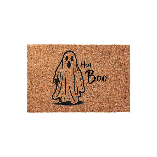 Hey Boo Halloween doormat made of natural coir fiber, featuring a cute black line-art ghost illustration and playful script text centered on a rectangular brown mat for a festive seasonal entryway decoration.