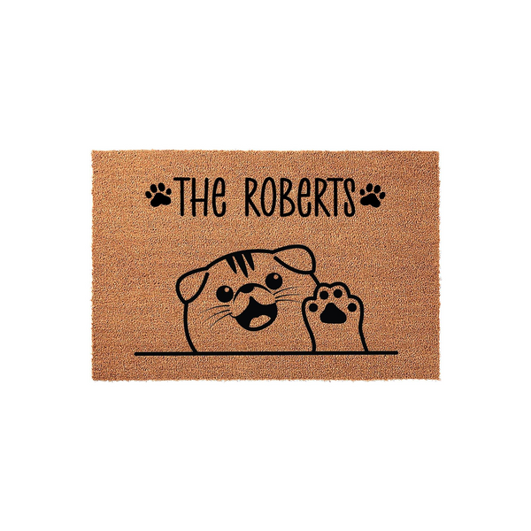 Personalized cat family doormat featuring a cute illustrated Scottish Fold cat waving its paw, printed on a natural coir fiber mat with space for a custom family name to welcome guests to your home with a fun and friendly