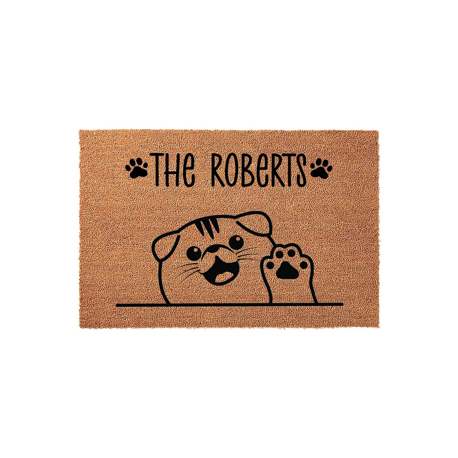 Personalized cat family doormat featuring a cute illustrated Scottish Fold cat waving its paw, printed on a natural coir fiber mat with space for a custom family name to welcome guests to your home with a fun and friendly
