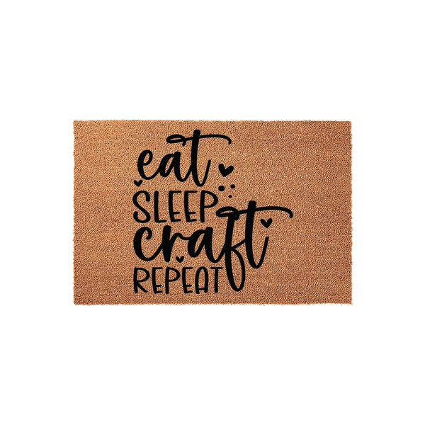 Eat Sleep Craft Repeat coir doormat featuring a natural brown fiber texture and bold black lettering, designed for a craft room entrance or a creative home workspace to showcase a love for DIY projects and handmade hobbies.