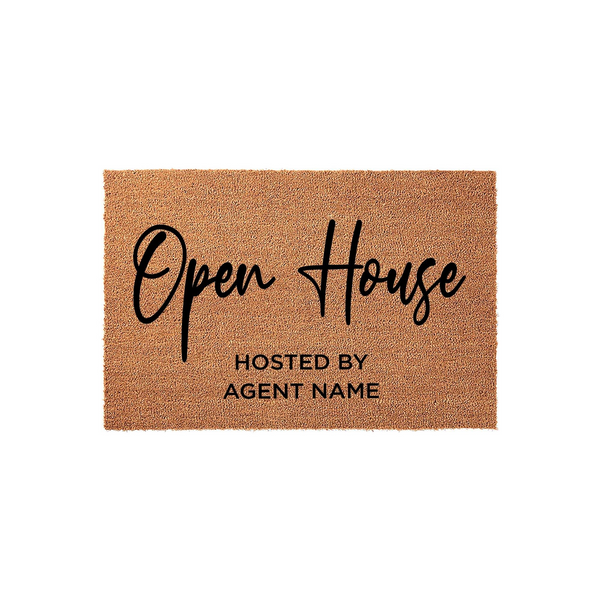Personalized Open House doormat featuring a natural coir texture with bold black text that reads Open House Hosted By Agent Name, providing a professional and welcoming entrance for real estate property showings on a plain white