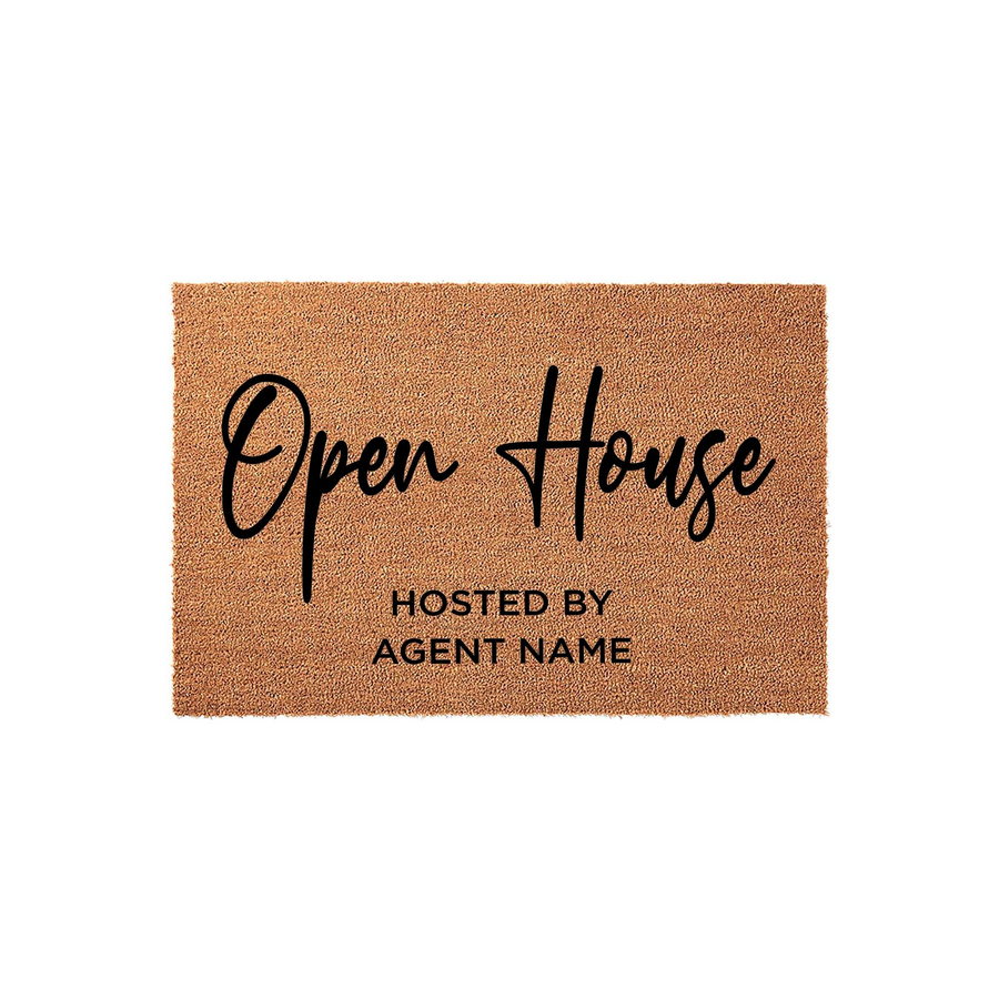 Personalized Open House doormat featuring a natural coir texture with bold black text that reads Open House Hosted By Agent Name, providing a professional and welcoming entrance for real estate property showings on a plain white