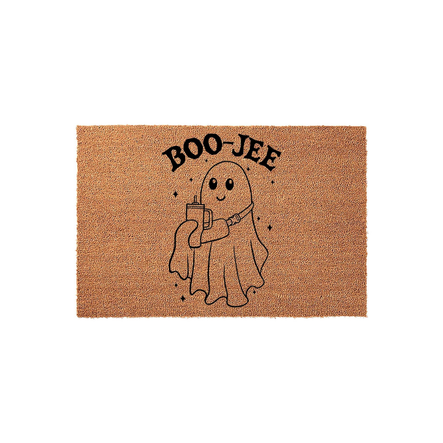 Boo-Jee ghost Halloween doormat featuring a cute line-art ghost holding a tumbler cup, printed in black ink on a natural tan coir fiber mat against a plain white background for a fun and festive seasonal entryway decor piece.