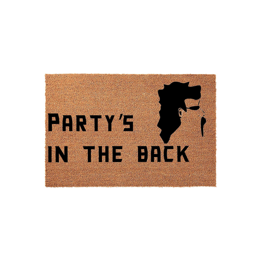 Party's In The Back funny doormat featuring a black silhouette of a mullet hairstyle on a natural coir fiber background, perfect for adding a humorous touch to your front porch decor with its bold, easy-to-read black lettering
