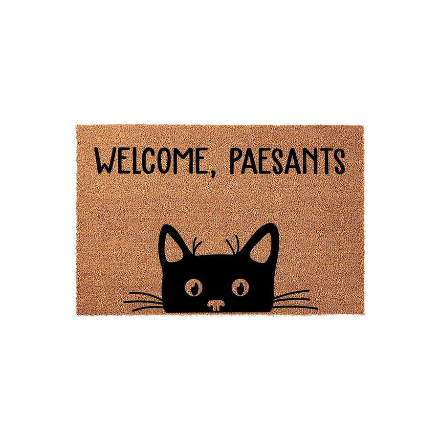 Funny Cat Welcome Doormat featuring a black cat peeking from the bottom edge and the text Welcome, Paesants printed in black on a natural brown coir fiber background, perfect for a humorous entryway decor for any cat lover home.